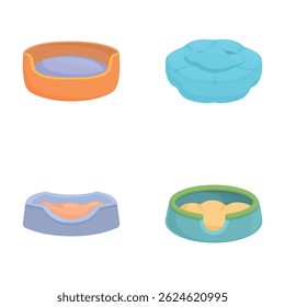 Collection of four colorful illustrated pet beds suitable for cats or small dogs