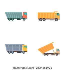 Collection of four colorful, isolated cartoon dump trucks in various styles