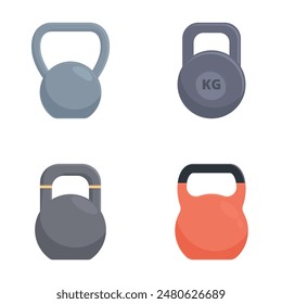 Colección de cuatro coloridos iconos de kettlebell, ideal para diseños de fitness temática