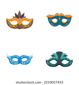 Collection of four colorful masquerade masks isolated on a white background