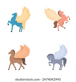 Collection of four colorful pegasus figures with majestic wings in a minimalist style