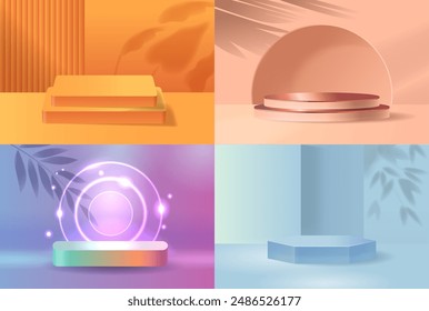 Collection Of Four Colorful Podiums With Distinct Shadows And Abstract Backgrounds. Realistic 3d Vector Stages