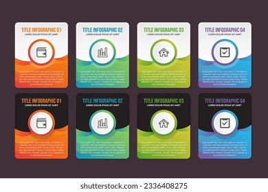 collection of four colorful rectangular element organized in vertical layout. Modern infographic design template. Concept of 4 strategic steps of business development. Vector illustration for process