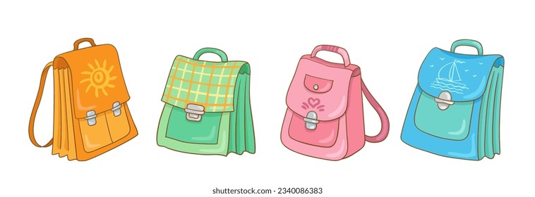 Colección de cuatro coloridas bolsas escolares. Aislado sobre fondo blanco. Al estilo de las caricaturas. Ilustración vectorial.