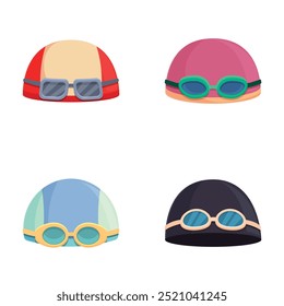 Collection of four colorful swim caps with goggles, isolated on white, perfect for sport designs