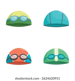 Collection of four colorful swim caps with goggles, isolated on white, vector illustration