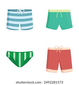 Collection of four colorful swim shorts and briefs, perfect for summer apparel designs