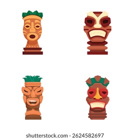 Collection of four colorful tribal tiki masks representing diverse polynesian cultures