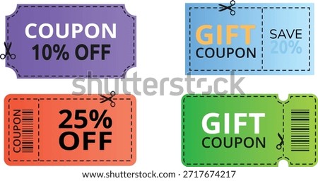 Collection of four colorful vector discount and gift coupons featuring various percentage off deals like ten twenty and twenty five percent plus elements indicating redeemable value like scissors and barcodes.
