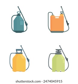 Collection of four colorful vector icons representing different handheld pesticide or herbicide sprayers