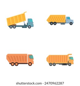 Collection of four colorful, vector illustrated dump trucks, isolated for easy use in design projects