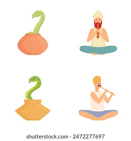 Collection of four colorful vector illustrations featuring yoga and meditation themes, including a snake charmer