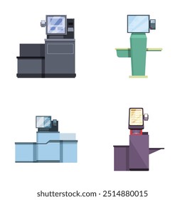 Coleção de quatro ilustrações vetoriais coloridas de máquinas de fabricação industrial