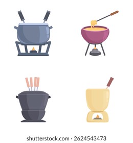 Collection of four colorful vector illustrations of various fondue pots with forks and flames