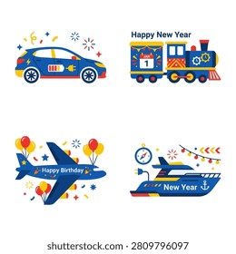 A collection of four colorful vector illustrations featuring a car train airplane and yacht decorated with festive elements like balloons confetti and holiday greetings