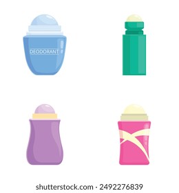 Collection of four colorful, vectorstyle rollon deodorant bottles