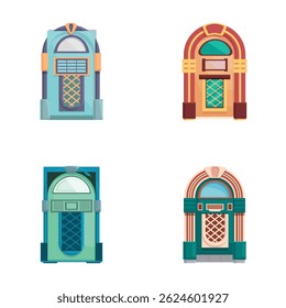 Collection of four colorful vintage jukeboxes in a modern flat design illustration