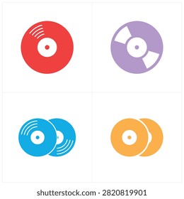 A collection of four colorful vinyl record displayed on a white background, featuring red, purple, blue, and orange musical discs