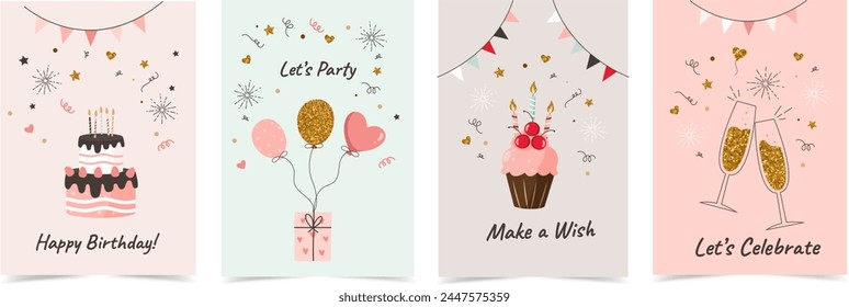 Collection of four colourful birthday cards.
Birthday cake, surprise with balloons, cupcake with candles, glasses with sparkling