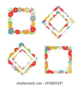 Collection of four colourful floral rectangular hand drawn frames. Various design scribbles, copy space. Editable template, zentangle clipart for prints