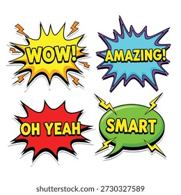 Collection of four comic book style speech bubbles featuring exclamatory words like Wow, Amazing, Oh Yeah, and Smart.