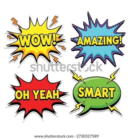 Collection of four comic book style speech bubbles featuring exclamatory words like Wow, Amazing, Oh Yeah, and Smart.