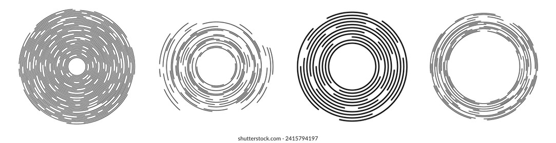 Collection of four concentric segments of circles. Lines following a circle path. Design elements. Abstract geometric black shapes isolated on white background. Vector illustration.