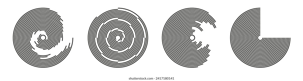 Collection of four concentric segments of circles. Lines following a circle path. Design elements. Abstract geometric black shapes isolated on white background. Vector illustration.