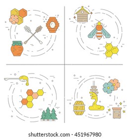 Collection of four concepts with honey related items - dipper, bee, hive, honeycomb, forest. Vector flyer or banner collection.