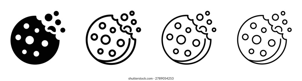 Collection of four cookie icons, two solid black and two outline, all showing a bite taken out with crumbs scattering