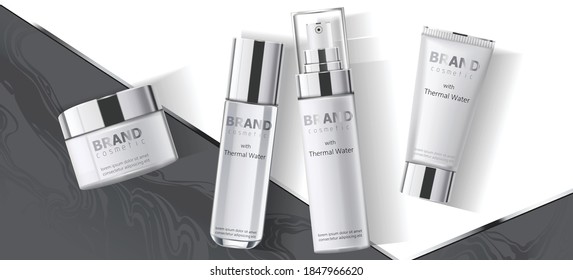 Collection of four cosmetics containers, thermal water. Place for text. Realistic 3D mockup product placement. Vector
