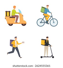 Coleção de quatro mensageiros cada com transporte único, scooter, bicicleta, a pé, e chute scooter