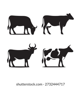 Collection of four cows and cattle silhouettes showing grazing standing and spotted dairy cow profiles farm animals set