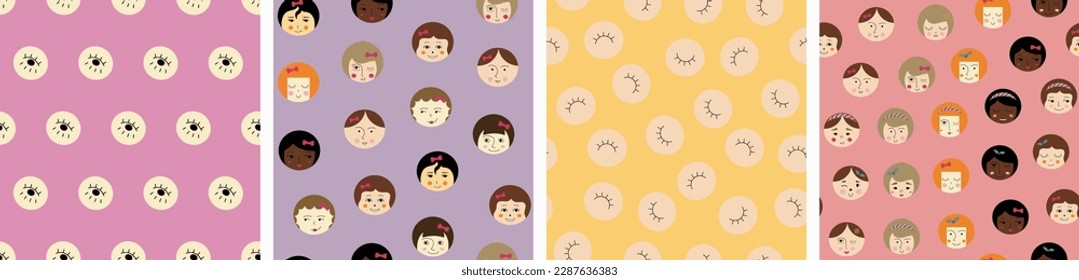 Collection of four creative patterns, cutely girlish faces. Repeating prints, swatch bundle, female look, simple cute shapes, flat vector
