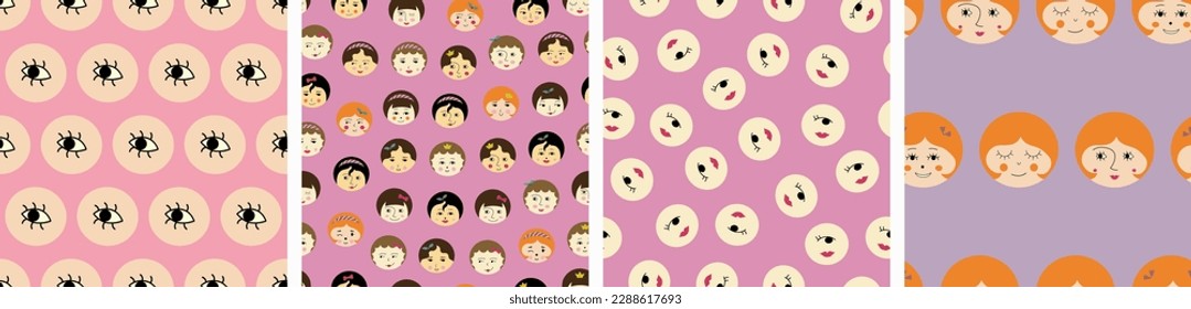 Collection of four creative patterns, cutely girlish faces. Cute surface design, girl countenance, drawn repeatable backdrop
