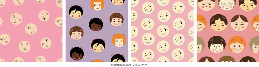 Collection of four creative patterns, pretty girlish faces. Repeatable background, female appearance, continuous flat vector illustration.