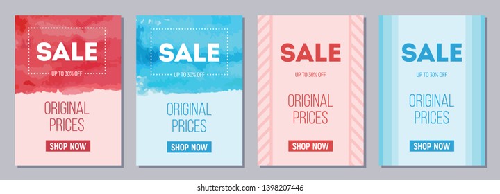 Collection of four creative sale flyers. Big discounts, offer, price. Watercolor stylish background textures. Promotional material. Poster, banner, placard design. Vector colorful illustration.