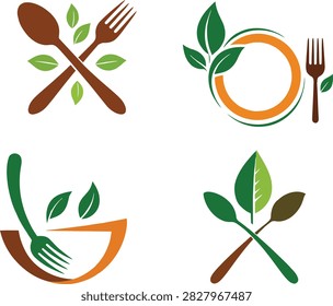 A collection of four creative vector logos for healthy catering and organic restaurants, featuring crossed spoon and fork with leaves, a circular plate icon, a salad bowl with a fork, and leaf cutlery shapes in a green, orange, and brown color palette.