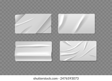 Colección De Cuatro Pegatinas De Papel Arrugado, Aisladas Sobre Fondo Transparente.. Parches rectangulares de Vector 3d realistas