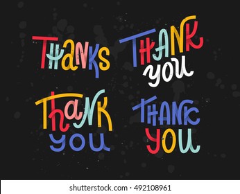 Collection of four custom colorful pieces of Thank you lettering, fun style words on dark background