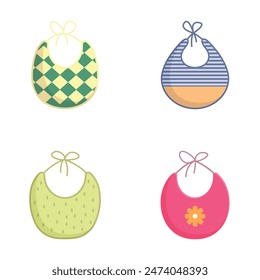 Collection of four cute baby bibs in various patterns and colors, ideal for mealtime