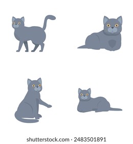 Collection of four cute cartoon grey cats with different poses and expressions on a white background