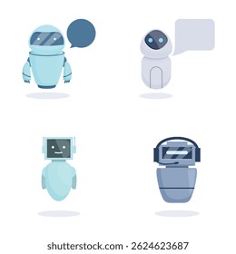 Collection of four cute cartoon robotics figures with speech bubbles, isolated on white background