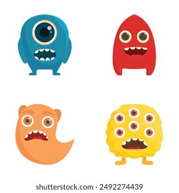 Collection of four cute and colorful cartoon monster characters isolated on white