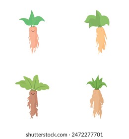 Collection of four cute and colorful mandrake characters isolated on a white background