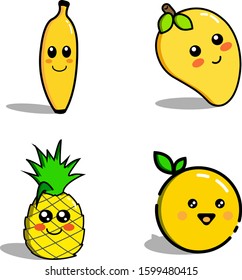 Collection of four cute and delicious fruits, yellow and orange with a smiling face. healthy and beneficial food.