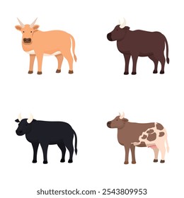 Collection of four cute illustrated cows in different colors isolated on white background