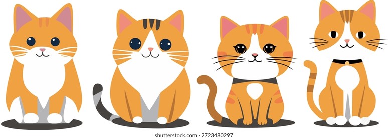 Coleção de quatro bonitos gatos desenhos animados laranja e branco. Ilustração de vetor plano. Gatinhos, animais de estimação e personagens de animais isolados sobre fundo branco.