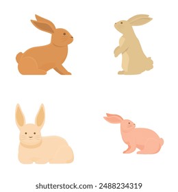 Collection of four cute and simplistic cartoon rabbits in various poses on a white background