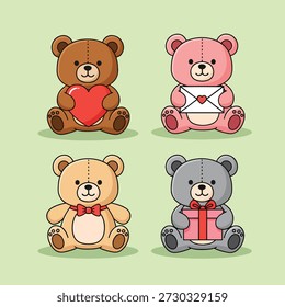 A collection of four cute teddy bears, each holding a special item like a heart, envelope, bow tie, or gift box, perfect for Valentine's Day or any occasion.